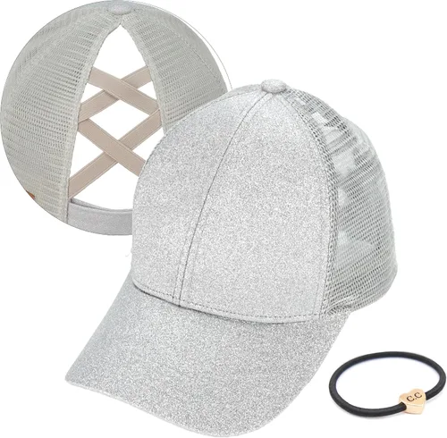 Vista 31 de C.C Gorra de béisbol de malla con diseño de estrella brillante, gorra de camionero ajustable para moño o cola de caballo Una banda elástica-negro