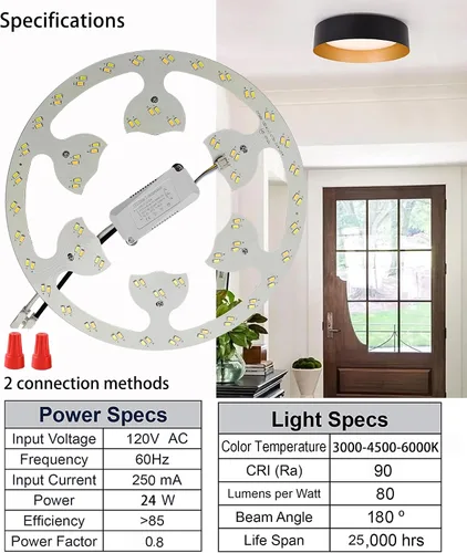 Vista 3 de Kit de luz de anillo de ventilador de techo de montaje empotrado LED de 24 W, panel de motor de luz LED de reajuste, 3 CCT: 3000K 4500K 6000K