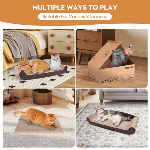 Vista 7 de Cama rascador de cartón para gatos de 27.6 pulgadas, sofá rascador extragrande para gatos de interior, caja de rascar tumbona con juguete de varita