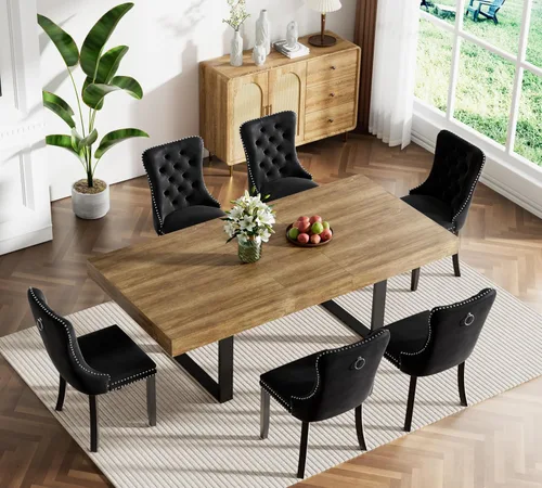 Vista 38 de Juego de mesa de comedor extensible marrón de 63 a 78.74 pulgadas para 4, juego de mesa de comedor de 5 piezas con 4 sillas tapizadas, mesa