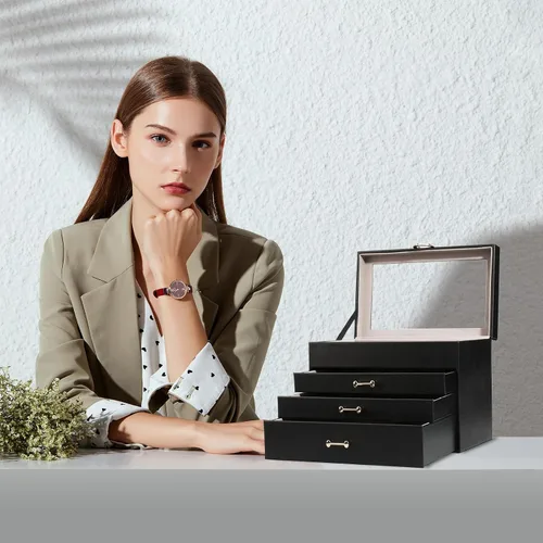 Vista 3 de V-LAFUY Joyero organizador de joyas para mujer, joyero con tapa de vidrio transparente de 4 niveles con 3 cajones, regalo para mujeres y niñas, tapa