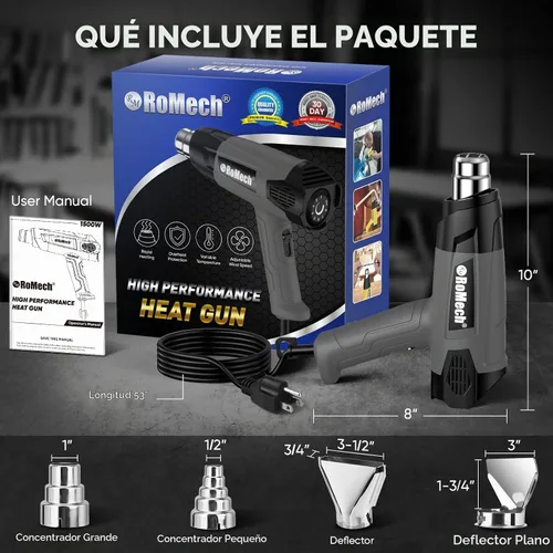 Vista 8 de Pistola de calor resistente de 1500 W, kit de pistola de aire caliente con control de temperatura variable con 2 caudales de aire de 120 °F a 1200