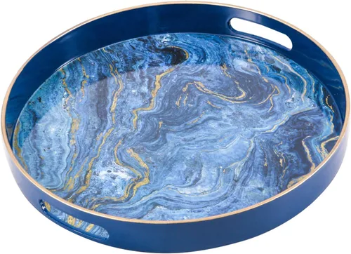 Vista 14 de Bandeja decorativa redonda, plástico mármol con asas, tocador moderno y para servir otomana, mesa auxiliar, cocina y baño, tamaño 13 pulgadas, negro