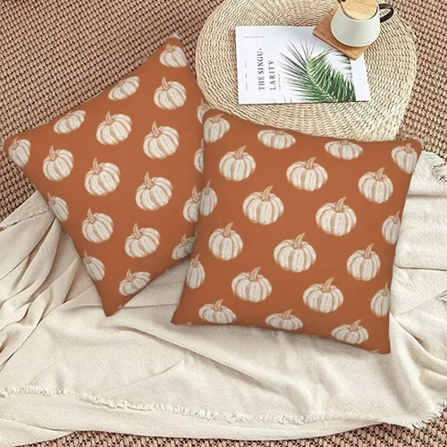 Vista 3 de Juego de 2 fundas de almohada de otoño de 16 x 16 pulgadas, con estampado de calabaza de otoño naranja quemado, fundas decorativas para cojín