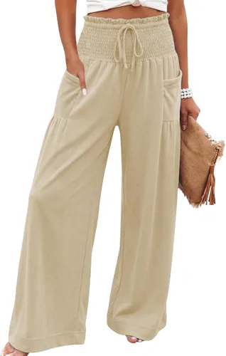 Vista 8 de Athlisan Pantalones palazzo holgados de pierna ancha para mujer, estilo casual, bohemio, fruncido, cintura alta, pantalones de descanso, playa