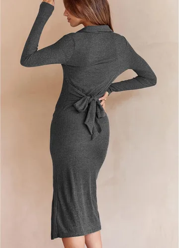 Vista 4 de Vestido tipo suéter con abertura y botones para mujer, cuello en V, manga larga, vestido casual, ajustado, de punto acanalado, vestido midi