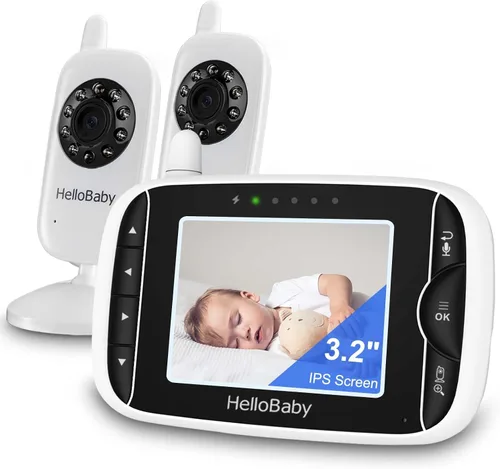 Vista 10 de HelloBaby Monitor de video para bebés con cámara y audio, pantalla LCD de 3.2 pulgadas, visión nocturna infrarroja, audio bidireccional y monitoreo