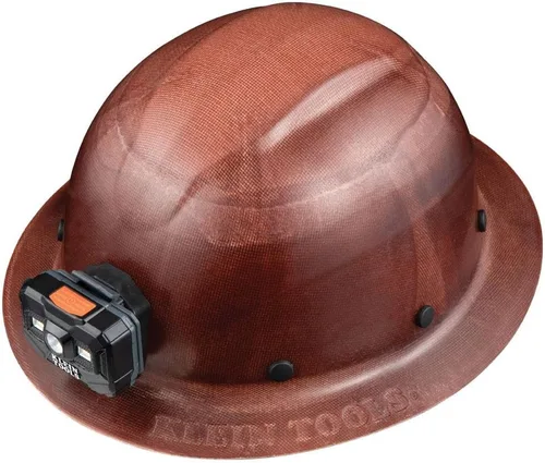 Vista 2 de Klein Tools 60447 Casco duro, ala completa, clase G serie KONSTRUCT con faro recargable, marrón y forro de casco de enfriamiento 60181, gorra debajo
