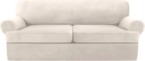 Vista 9 de NA Funda de terciopelo para sofá con cojín en T, 4 piezas, fundas de sofá suaves para sofá, fundas protectoras de muebles con 3 asientos Marfil