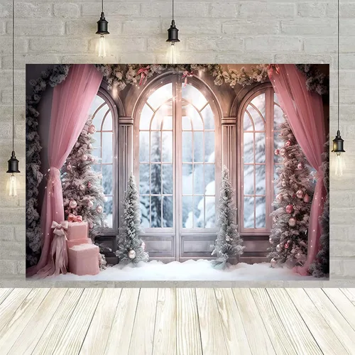Vista 7 de Cortina rosa de invierno, fondo fotográfico de Navidad, invierno, nieve, bosque, ventana, fondo de fotografía, decoración de fiesta familiar, baby