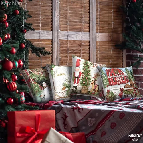 Vista 4 de KatchOn, Fundas de almohada navideñas de 18 x 18 pulgadas, paquete de 4 unidades, fundas de almohada de granja, fundas de almohada de vacaciones