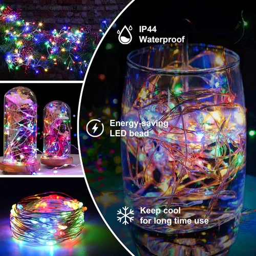 Vista 8 de Luces de Hadas Guirnalda de luces a pilas, paquete de 2 unidades, 100 LED, impermeable, alambre de cobre, luz de Navidad parpadeante