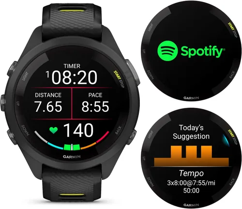 Vista 4 de Garmin Forerunner 265S Music GPS Running 42 mm Smartwatch, Negro con pantalla táctil AMOLED de 1.1 pulgadas E-Bank Bundle Negro y amarillo