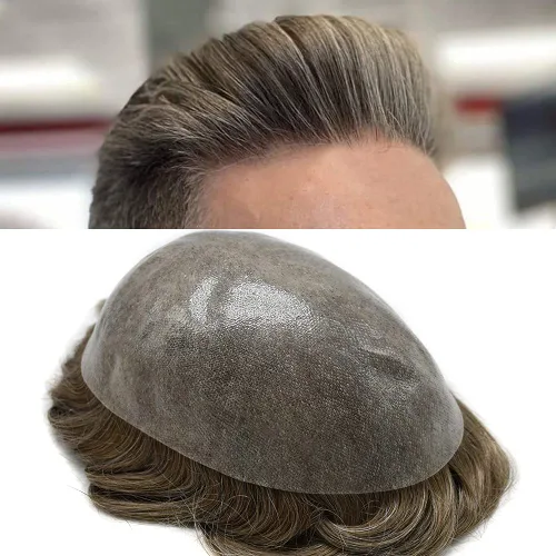 Vista 40 de PU Toupee para hombres pieza de pelo real sistema de reemplazo de cabello humano para hombres Toupee pieza de pelo para hombres piel polivinílica