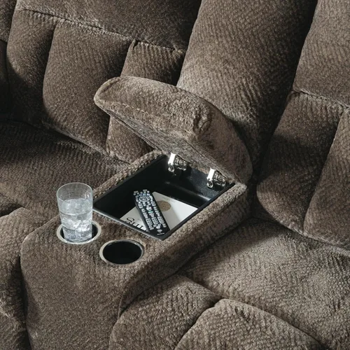 Vista 13 de Signature Design by Ashley Frohn - Sofá biplaza reclinable doble manual moderno con consola, almacenamiento y portavasos, color marrón oscuro