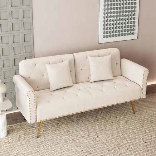 Vista 3 de Sofá Cama Futón de Terciopelo Moderno 2 en 1, Sofá Cama Plegable Convertible con 2 Almohadas, Loveseat Reclinable Acolchado de 63" con Patas de Beige