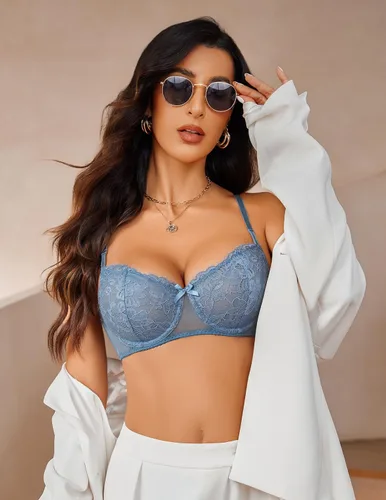 Vista 4 de Avidlove - Brasier de encaje sensual estilo balconette para mujer, con varillas, sin forro, brasieres diarios de lencería Azul oscuro