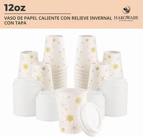 Vista 2 de Tazas de café desechables de Navidad de 12 oz con tapas Copo de nieve