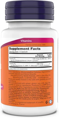 Vista 2 de Now Supplements, Mega D-3 y MK-7, 5000 UI/180 mcg, apoyo óseo y cardiovascular*, vitaminas K-3 y K-2, 180 cápsulas