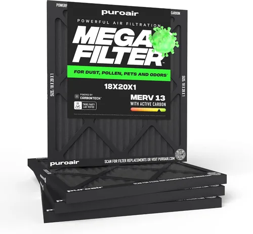 Vista 29 de PuroAir Filtro Mega - Filtro de aire de 12x12x1 MERV 13 para el hogar con carbón activado - Filtros alérgenos, caspa de mascotas, humo, polvo