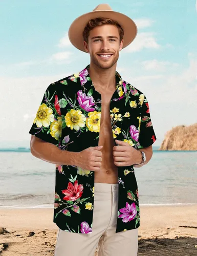 Vista 3 de Pegeno Camisa de manga corta, con botones completos, estampado floral, hawaiano para hombre