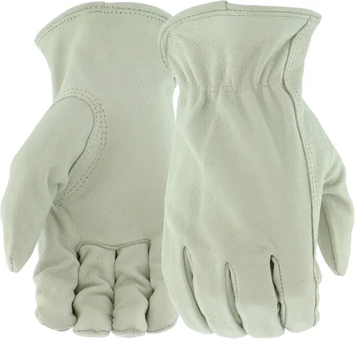 Vista 9 de BOSS Men's Grain Pigskin Leather Driver Work Gloves, Tear Resistant, Keystone Thumb, Shirred Elastic Wrist, White