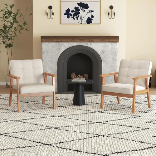 Vista 4 de Silla decorativa moderna con reposabrazos, silla de ocio tapizada de tela de lino con botón de respaldo y marco de madera para sala de estar, Beige