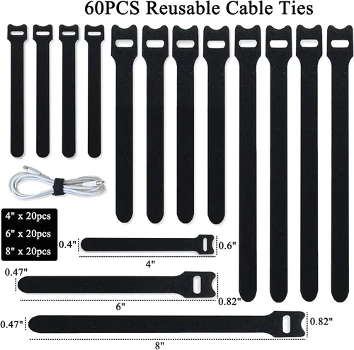Vista 2 de 60 bridas mixtas para cables, 4 pulgadas + 6 pulgadas + 8 pulgadas, bridas de cable, correas de cable, organizador de cables, ajustable, resistente