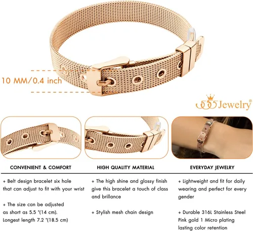 Vista 4 de 555Jewelry Pulsera de malla con hebilla de cinturón ajustable de acero inoxidable para mujer