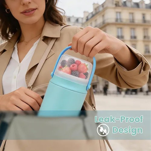 Vista 6 de Termo 2 en 1 para comida caliente con contenedor de aperitivos, contenedor de alimentos aislado de acero inoxidable de 20 onzas con asa y cuchara