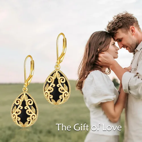 Vista 6 de Aretes de ónix negro de plata de ley chapados en oro amarillo de 18 quilates con filigrana bohemia, aretes colgantes de joyería para mujeres y niñas
