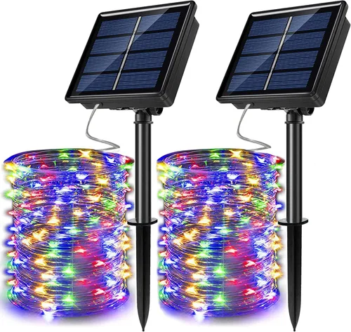 Vista 12 de Guirnalda de luces LED con energía solar actualizada, 8 modos, resistente al agua, IP65, iluminación intermitente, para interior y exterior, Azul