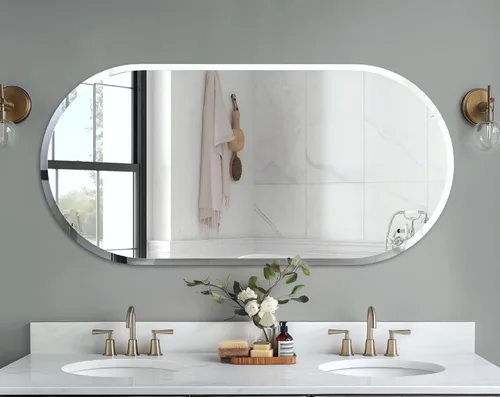 Vista 12 de Espejo de pared ovalado sin marco: Espejo decorativo elíptico de vidrio espejado para tocador con borde plateado biselado para baño, dormitorio