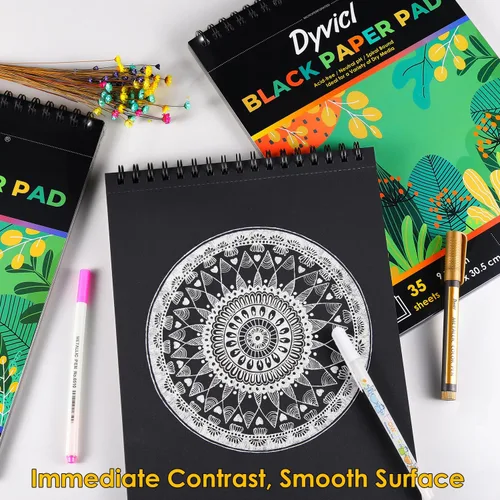 Vista 5 de Dyvicl Cuaderno de bocetos profesional de papel negro de 5.5 x 8.5 pulgadas, 35 hojas de papel de dibujo pesado de 150 GSM para bolígrafos de gel