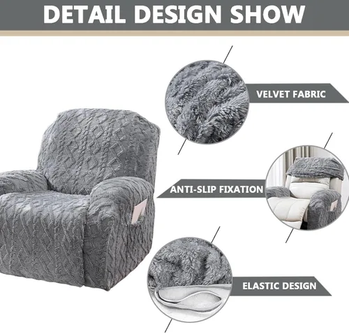 Vista 3 de OQHAIR Funda de terciopelo para sillón reclinable grande, 4 piezas, elástica, suave, con bolsillos, protector de muebles, color beige, 2 plazas