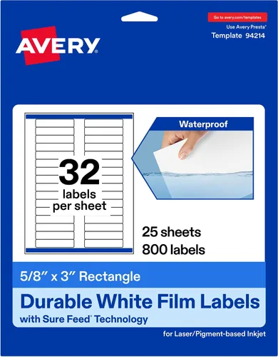 Vista 10 de Avery Etiquetas rectangulares blancas duraderas imprimibles, tecnología Sure Feed, 5/8 "x 3", etiquetas impermeables, compatibles con inyección