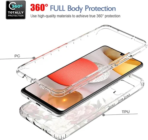 Vista 3 de Funda protectora de cuerpo completo con diseño floral transparente y protector de pantalla de vidrio templado para Samsung Galaxy A42 5G