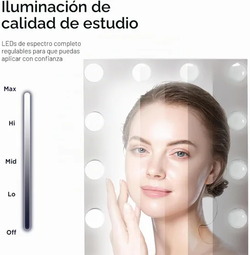 Vista 4 de iHome Hollywood - Espejo de tocador PRO con Bluetooth integrado, control de voz, entrada USB y altavoz – Espejo de maquillaje LED de 16" x 12
