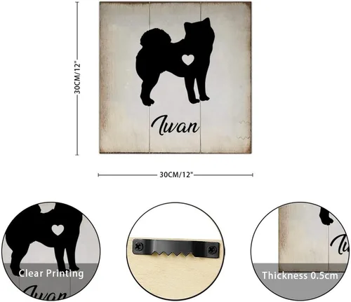 Vista 2 de Placa de madera con nombre personalizado de perro Spitz japonés, silueta de corazón, placa de madera para perros que viven aquí casa de campo, arte