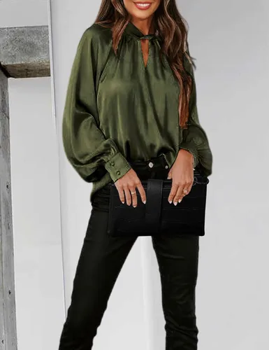 Vista 7 de LYHNMW Blusas de seda satinada para mujer, con cuello en V, manga larga, holgadas, blusas de verano, blusas casuales