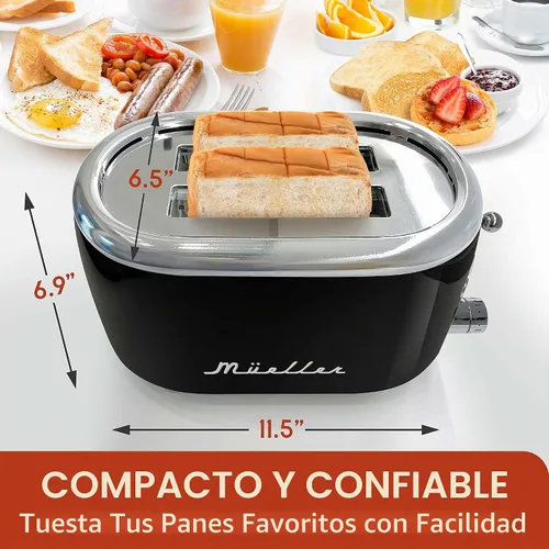 Vista 3 de MUELLER HOME Tostadora retro de 2 rebanadas, 7 niveles de tostado 3 Functions (Reheat, Defrost, Cancel), Stainless Steel Features, Removable Crumb