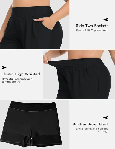 Vista 4 de ANFILIA Pantalones cortos de natación de talla grande para mujer, pantalones cortos de cintura alta, tankini con bolsillos