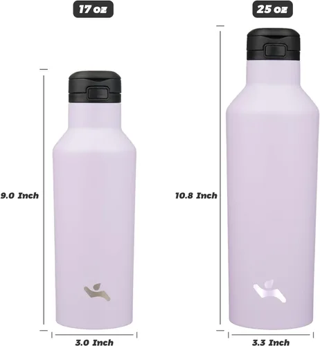 Vista 5 de Botella de agua aislada con popote, termo de acero inoxidable de doble pared al vacío de 25 onzas con 2 tapas, color púrpura