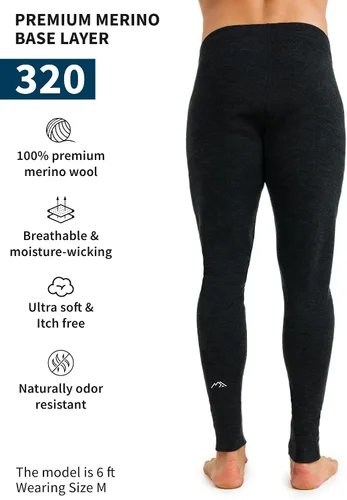 Vista 2 de Merino Wool Base Layer Mens - 320 Heavyweight Bottom Pants 100% Merino Wool Thermal Underwear Long Johns