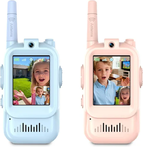 Vista 10 de Walkie Talkies de video para niños, paquete de 2 walkie talkies de video recargables, cámara HD, cambiador de voz, para diversión familiar, Azul