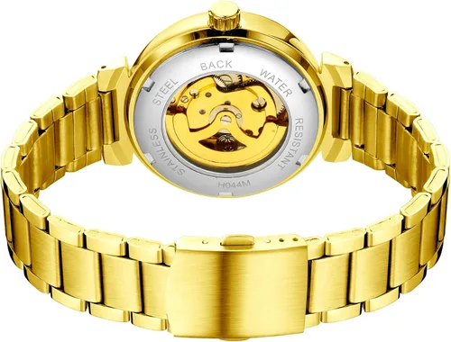 Vista 5 de Reloj esqueleto de pulsera automático estilo steampunk, manecillas luminosas de tono dorado, correa de cuero, 40mm, Negro dorado