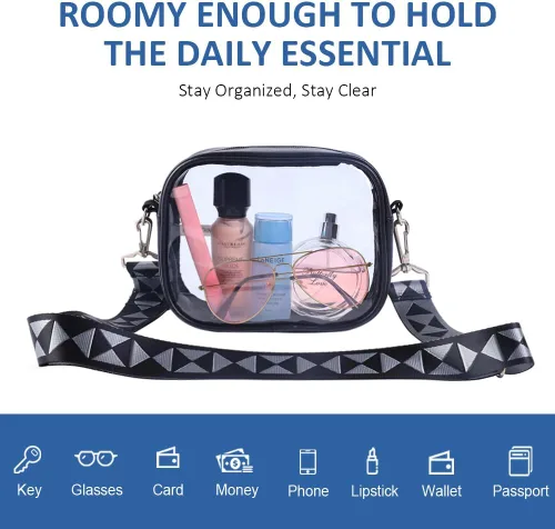 Vista 3 de Clearworld Bolso cruzado transparente unisex para adultos, negro, 7.5 pulgadas de ancho x 6 pulgadas de alto x 2.7 pulgadas de profundidad, aprobado
