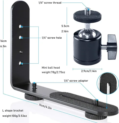 Vista 3 de EXMAX® Soporte para cámara de luz flash en forma de L de aleación de aluminio de metal con tornillo de 1/4 pulgadas + mini trípode de cabeza de bola