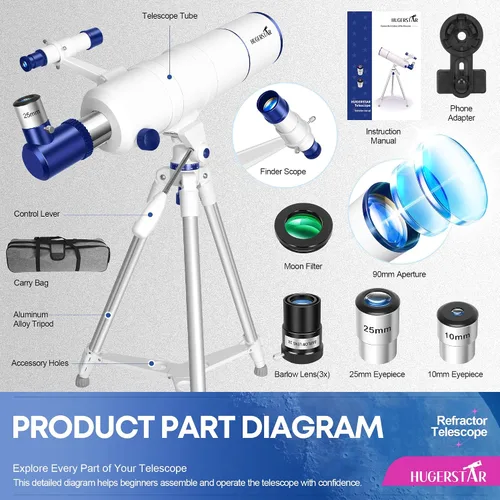 Vista 6 de Telescopio para adultos de alta potencia, apertura de 90 mm, telescopio refractor portátil de 550 mm para niños y principiantes de astronomía