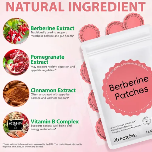Vista 2 de Berberine Patches, Berberine Patch para hombres y mujeres Liberación sostenida de 8 horas - 30 parches